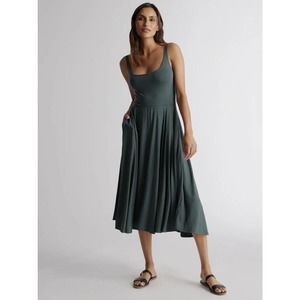 Quince Dark Olive Tencel Jersey Fit & Flare Dress Large